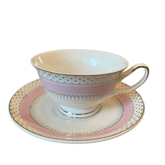 NEW Grace Teaware Porcelain Pink Stripe Gold Dots Teacup & Saucer Set of 2 - Picture 15 of 15